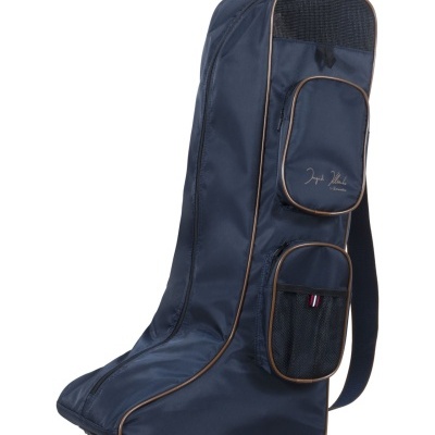 Mala azul-escura para equipamento desportivo com duas bolsas exteriores e detalhes em castanho.