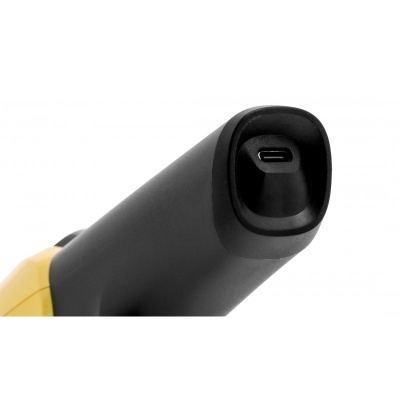 Extremidade de dispositivo amarelo e preto com porta USB-C