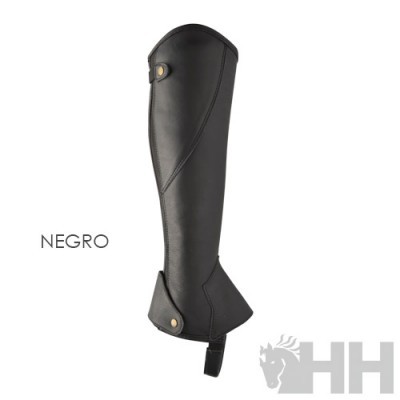 Polaina de equitação preta de material semelhante a couro com botões dourados e logo HH