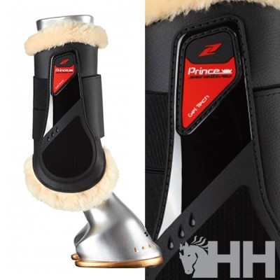 Protecção para casco de cavalo preto com pelo sintético bege e etiqueta vermelha PRINCE