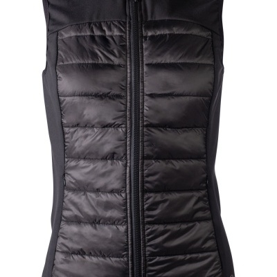 Colete feminino preto acolchoado com fecho de correr frontal.