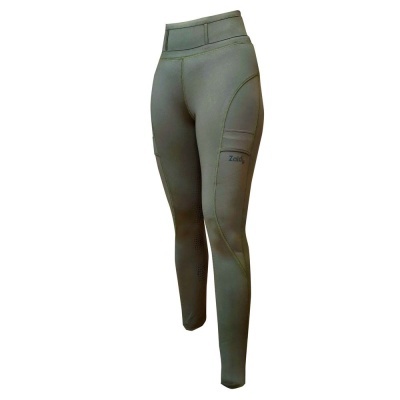 Leggings desportivas femininas verde-cinza com bolso lateral e etiqueta 'Zeila'