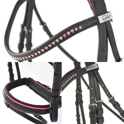 Freio de couro preto com cristais rosa e detalhes rosa