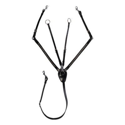 arreio para cavalo em couro preto com tachas metálicas e fechos prateados