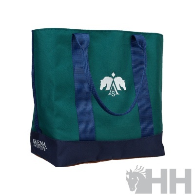 Mala de lona verde e azul escura com logotipo branco e alças azuis