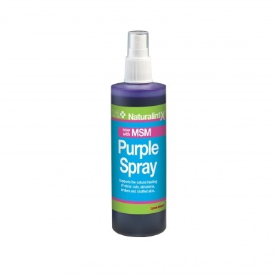 Frasco de spray roxo com tampa branca e rótulo colorido