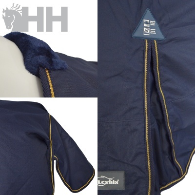 Manta para cavalo azul escuro com detalhes amarelos e logotipos
