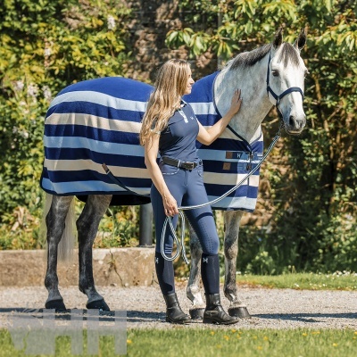 Cavalo cinzento com manta listrada azul e mulher vestida com roupa de equitação azul.