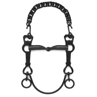 Freio de cavalo em metal preto com corrente e argolas.