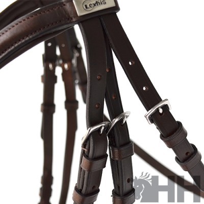 Bridão castanho escuro com fivelas metálicas prateadas e placa 'Lexhis'