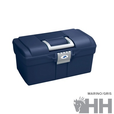 Caixa de armazenamento azul marinho com pega cinza e fecho central