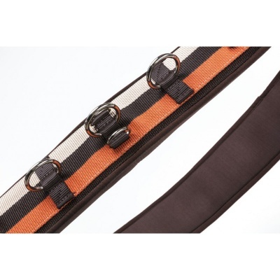 Correia ajustável listrada branca, preta e laranja com fivelas metálicas e verso castanho escuro