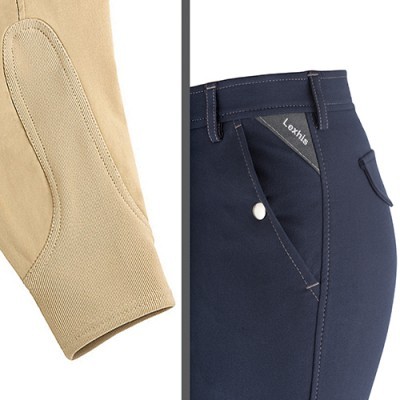 Detalhe de manga bege com reforço e calças azuis escuras com etiqueta 'LOXHIS'