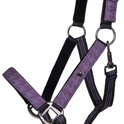 Cabresto para cavalo roxo e preto com argolas e fechos metálicos