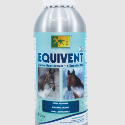 Frasco metálico do produto EQUIVENT com imagens de cavalos