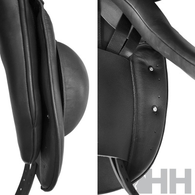 Close-up da sela de equitação preta com detalhes em couro e fivelas metálicas