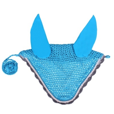 Capuz azul para cavalo com orelhas em tecido, malha e bordas coloridas
