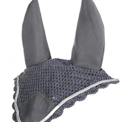 Touca para cavalo cinzenta com orla em crochet e orelhas de tecido