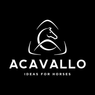 Logótipo ACAVALLO com cabeça de cavalo e texto 'IDEAS FOR HORSES'.