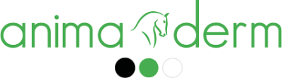 Logótipo da marca anima derm com texto verde e ícone de cavalo