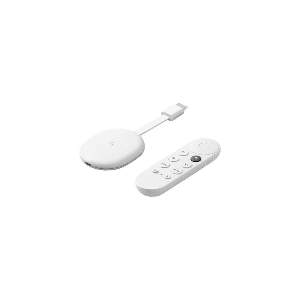 Chromecast com Google TV Dongle branco com cabo USB-C e comando remoto branco sobre fundo branco