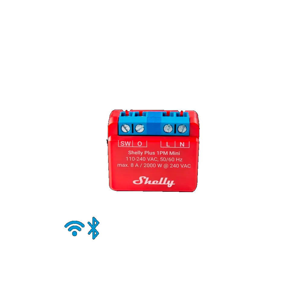 Módulo interruptor WiFi Shelly PLUS 1PM MINI Módulo Shelly Plus 1PM Mini vermelho com tampa azul e texto branco, com ícones de Wi-Fi e Bluetooth