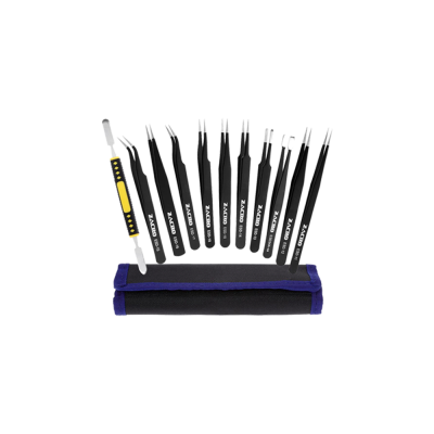 Conjunto de pinças pretas para eletrónica com diferentes pontas e bolsa roxa