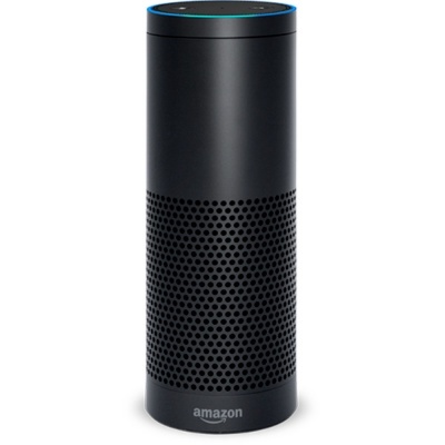 Coluna inteligente preta cylindrical Amazon com luz azul no topo