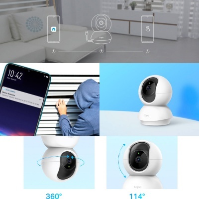 Câmara de segurança doméstica branca com lente preta e aplicação móvel