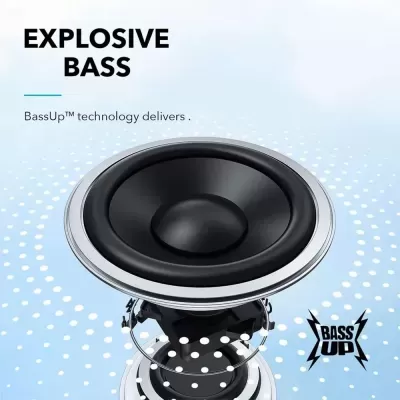 Altifalante preto com aro prateado e texto promocional 'EXPLOSIVE BASS' com tecnologia BassUp