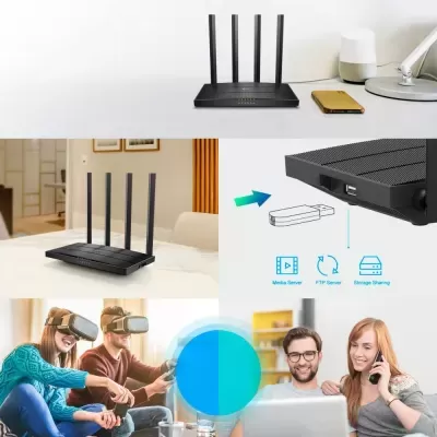 Router Wi-Fi preto com quatro antenas em ambientes domésticos com pessoas a usar VR e computador