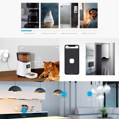 Dispositivos domésticos inteligentes como cafeteira, difusor, dispensadores, alimentador de gato e lâmpadas em ambiente moderno