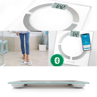 Balança digital de corpo em vidro transparente com ecrã LCD e Bluetooth