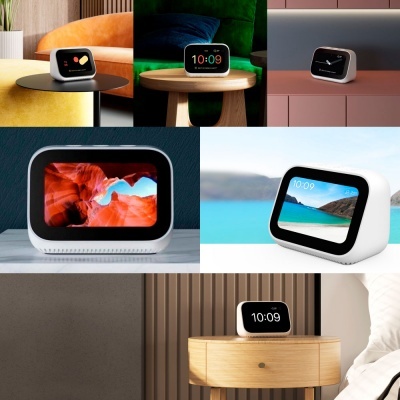 relógio digital moderno em vários ambientes com fundo colorido e corpo branco