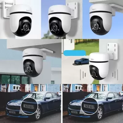 Câmera de segurança branca a filmar carro preto com matrícula visível