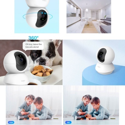 Câmara de segurança branca com lente preta em diferentes contextos incluindo criança a brincar e cão com biscoitos.