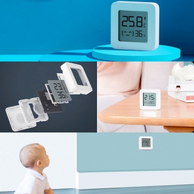 Termómetro digital branco com ecrã LCD exibindo temperatura e humidade em diferentes ambientes