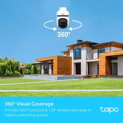 Câmara de segurança branca com lente preta e texto sobre cobertura visual de 360 graus