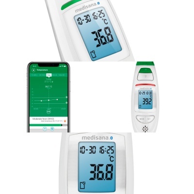 Termómetro digital Medisana branco e verde com ecrã mostrando temperaturas e smartphone com aplicação de monitorização.