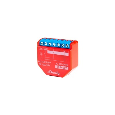 Módulo elétrico vermelho e azul com texto e esquema elétrico da marca Shelly