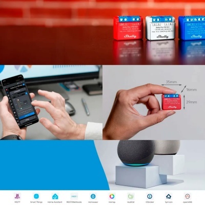 Dispositivo eletrônico Shelly em cores vermelho, branco e azul com dimensões indicadas, sendo manuseado por uma pessoa, e assistentes domésticos esféricos sobre uma mesa em ambiente de escritório.