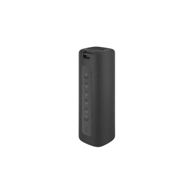 Coluna portátil preta com botão e textura de malha