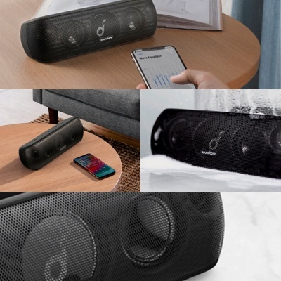 Coluna de som portátil preta Soundcore em vários ambientes