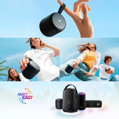 Altifalantes Bluetooth portáteis pretos com jovens em fundo de céu azul e texto PARTY CAST.