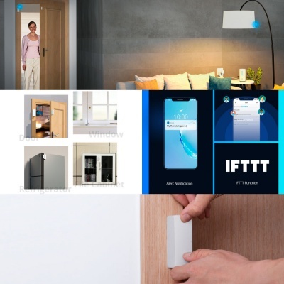 Colagem de imagens com porta de madeira, mulher, sofá, frigorífico, armário, janela, telemóvel e dispositivo branco a ser instalado.