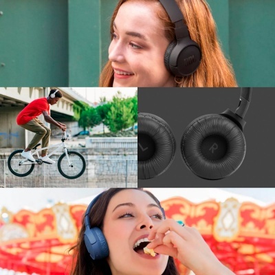 quatro imagens com auscultadores e homem a andar de bicicleta