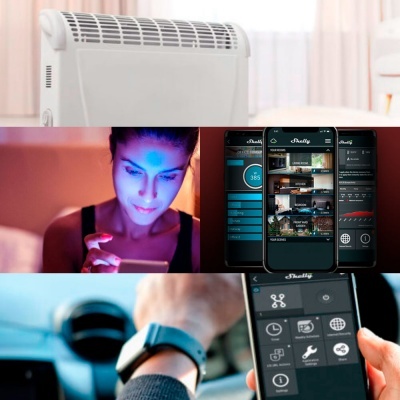 Colagem com aquecedor branco, mulher com smartphone, interface da app de controlo, e relógio inteligente no pulso.