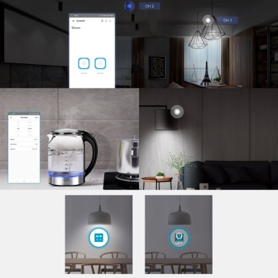Chávena elétrica transparente com luz azul, sala de estar com sofá e planta, e interface de aplicação móvel para controlo de dispositivos