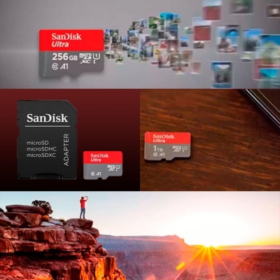 Cartões de memória SanDisk Ultra de várias capacidades junto a um adaptador e uma paisagem de falésias ao pôr do sol