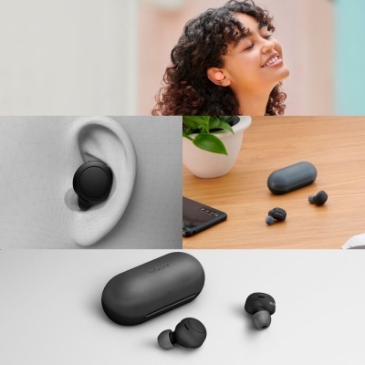 Auscultadores sem fios pretos com caixa de carregamento